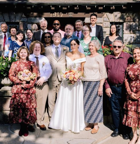 Jael and Jeremy at their wedding in October 2025. Drs. Parkos and Nusrat in attendance (back left).